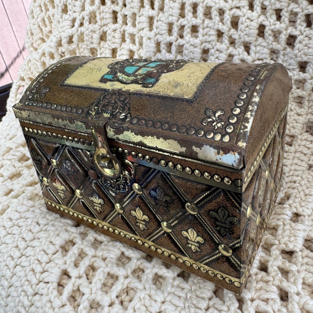 Western Germany Vintage Trinket Box Brown Gold Fleur De Lis Heraldic Dome Trunk